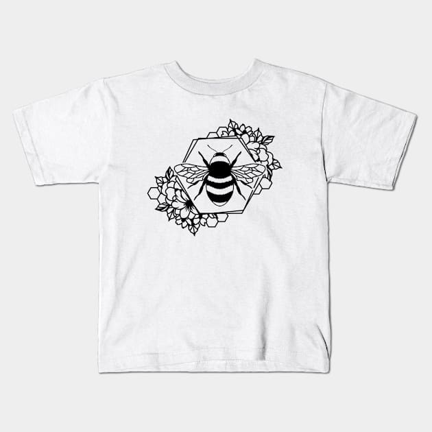 Bee in Hexagon with Flowers Kids T-Shirt by Tidewater Beekeepers